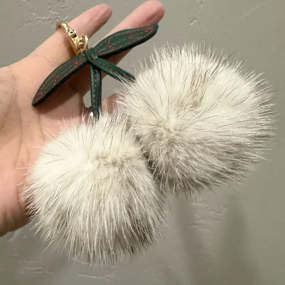 Ivory Real Mink Fur & Leather Handles Handmade Boston Bag & Mink Fur Bag Charm